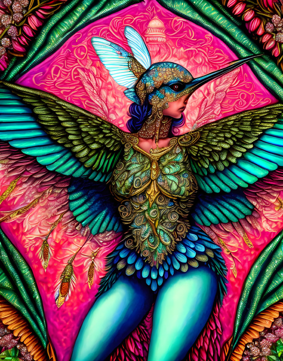 Vibrant digital artwork of fantastical female creature with hummingbird features