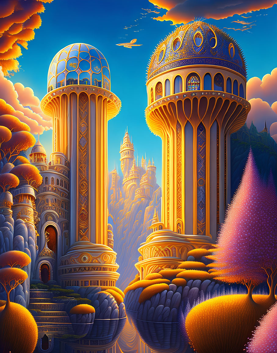 Detailed Fantasy Illustration of Ornate Golden Structures in Sunset Sky