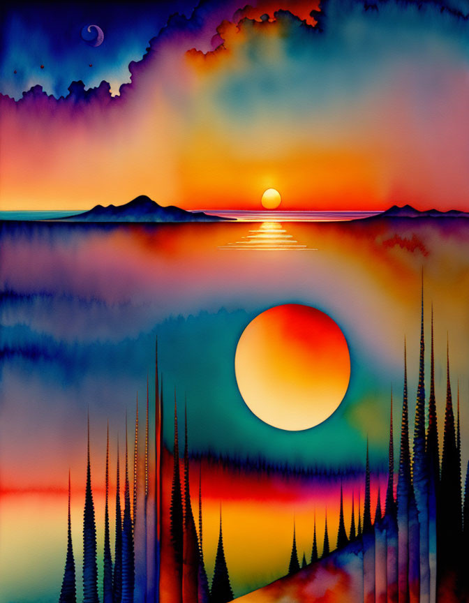 Dual suns sunset artwork over misty landscape with pine trees and rolling hills under colorful sky