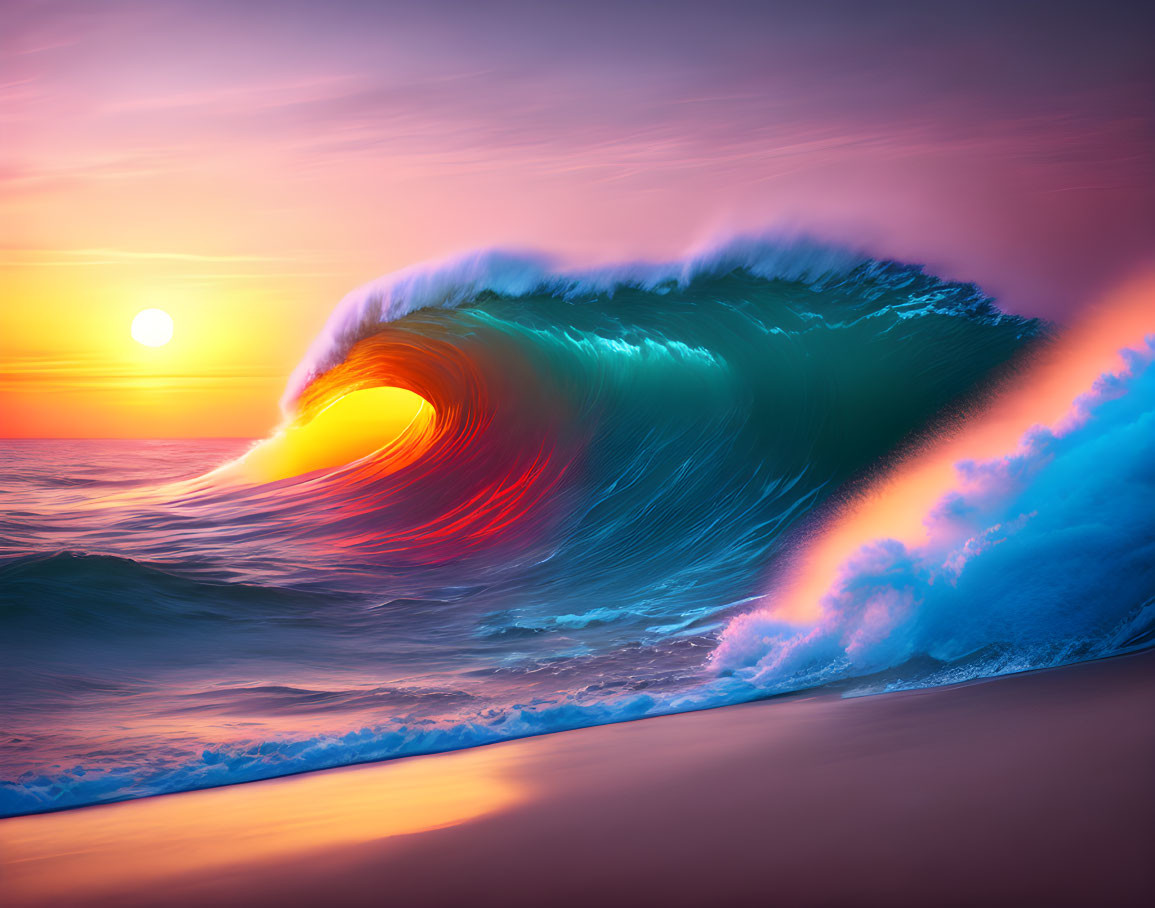 Colorful Ocean Wave Curling at Sunset Sky