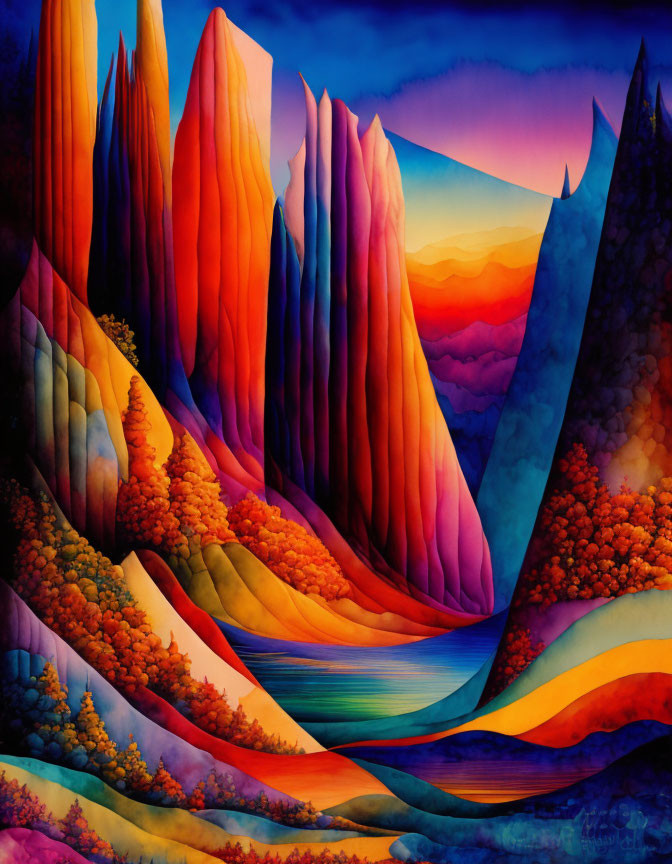 Surreal landscape with vibrant colors, towering rocks, river, and autumn trees