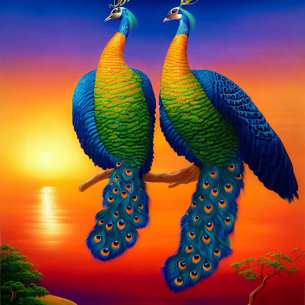 Colorful Peacocks Perched on Branch with Ocean Sunset Background