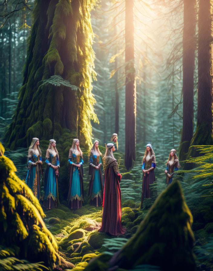 Group of individuals in medieval-style cloaks in mossy forest clearing