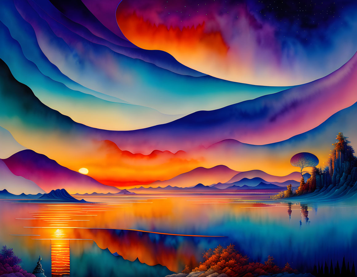 Colorful digital art: layered mountains, reflective lake, sunset hues, northern lights in sky