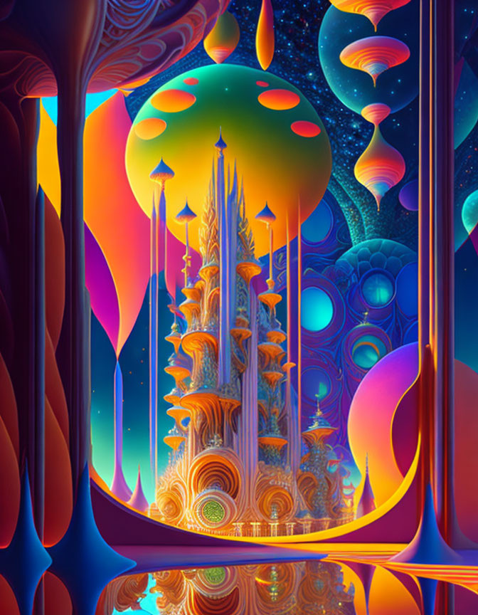 Colorful Psychedelic Artwork: Fantastical Castle, Alien Flora, Floating Orbs