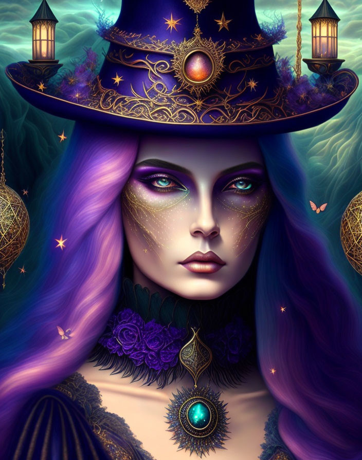 Mystical woman with purple hair and decorated hat surrounded by lanterns, stars, and a butterfly