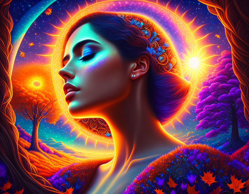 Colorful Woman's Profile with Cosmic and Nature-Inspired Aura