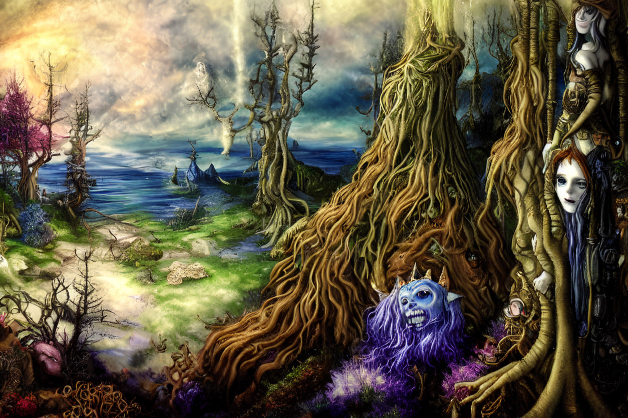 Fantasy landscape with ethereal trees, colorful flora, mystic sea, and surreal characters