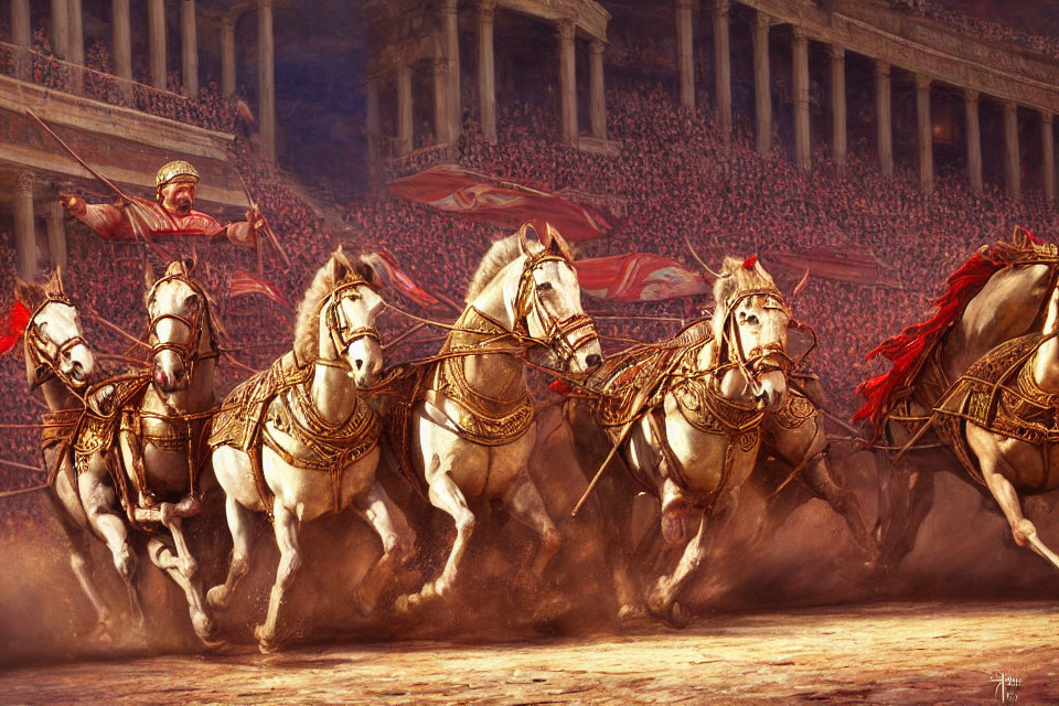 Ancient arena scene: Chariot race with four white horses, focused charioteer,