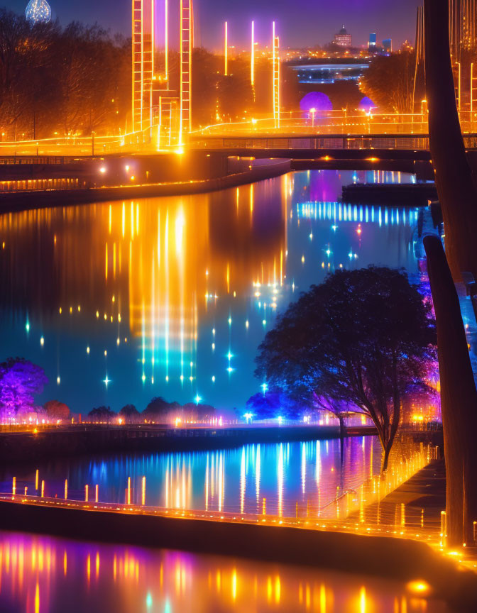 Colorful City Lights Reflecting on Calm Water at Night