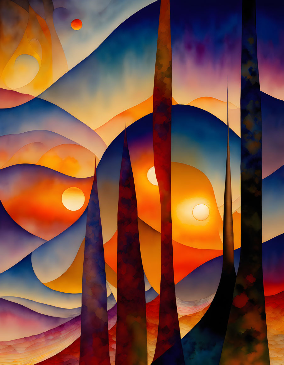 Vibrant abstract art: warm hues, wavy lines, tree-like silhouettes, sun