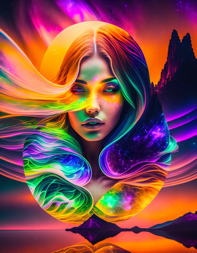 Colorful digital artwork: Woman with flowing hair merging cosmic and nature elements on neon backdrop.