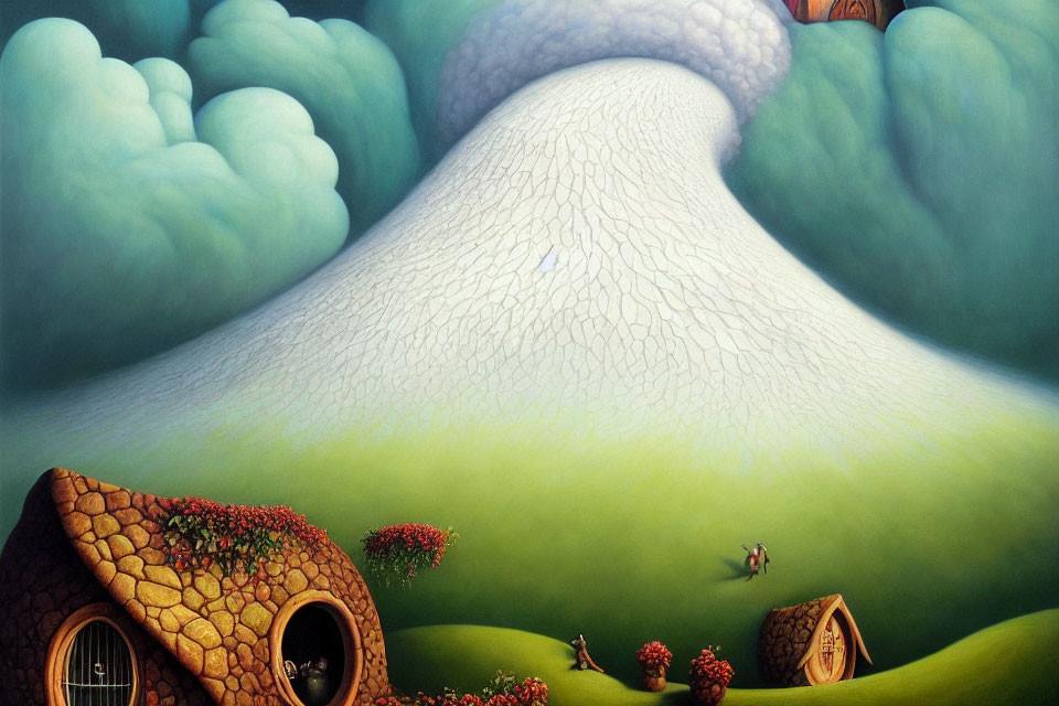 Surreal landscape with winding path, hills, cozy house, and tiny figures