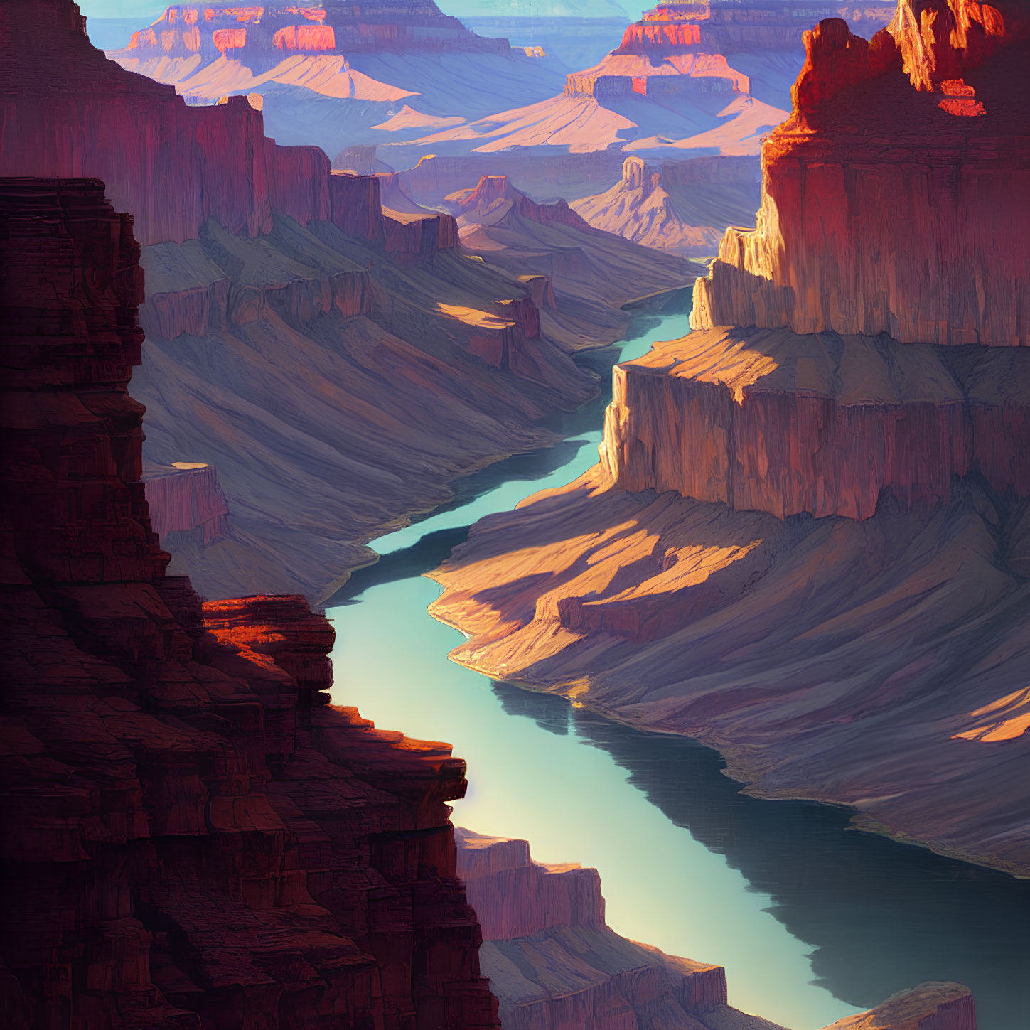 Grand Canyon illustration: steep cliffs, winding river, warm sunset hues