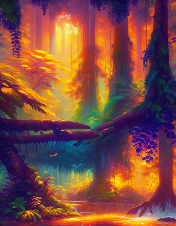 Colorful forest scene with ethereal light rays, serene water, and lush foliage