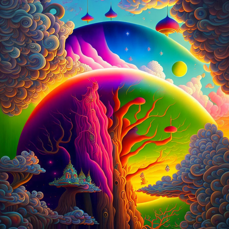 Colorful Fantasy Landscape with Whimsical Trees and Floating Islands