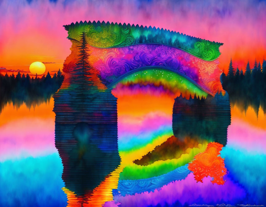 Colorful digital artwork: swirling fractal textures in surreal sunset landscape