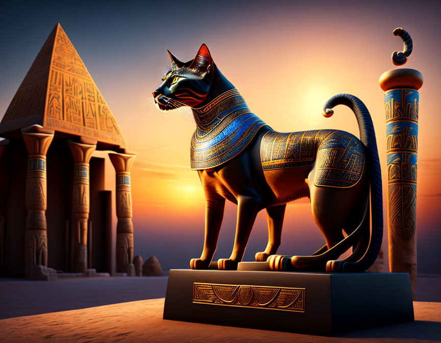 Black Egyptian Cat Statue with Gold and Blue Adornments by Pyramid at Sunset