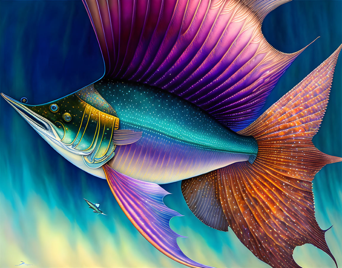 Vibrant digital artwork of stylized sailfish with iridescent body and dynamic background