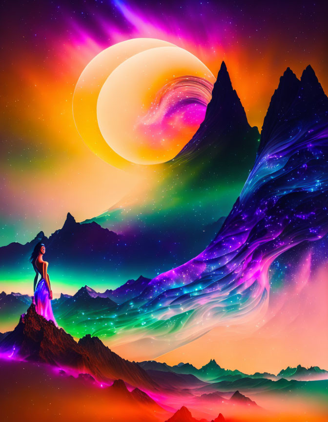 Woman on mountain admires vibrant sky with large moon & cosmic patterns