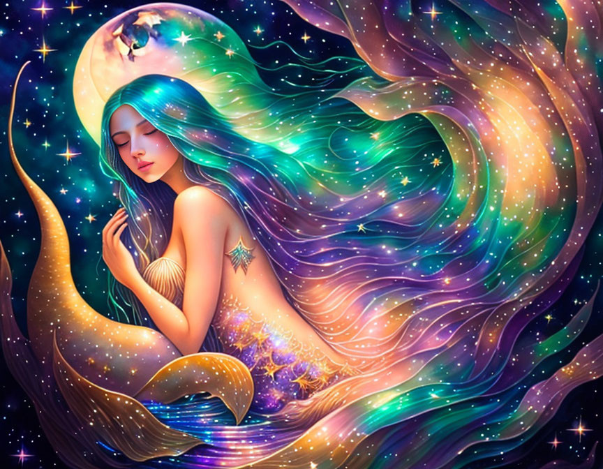 Mermaid illustration with flowing hair in cosmic galaxy.