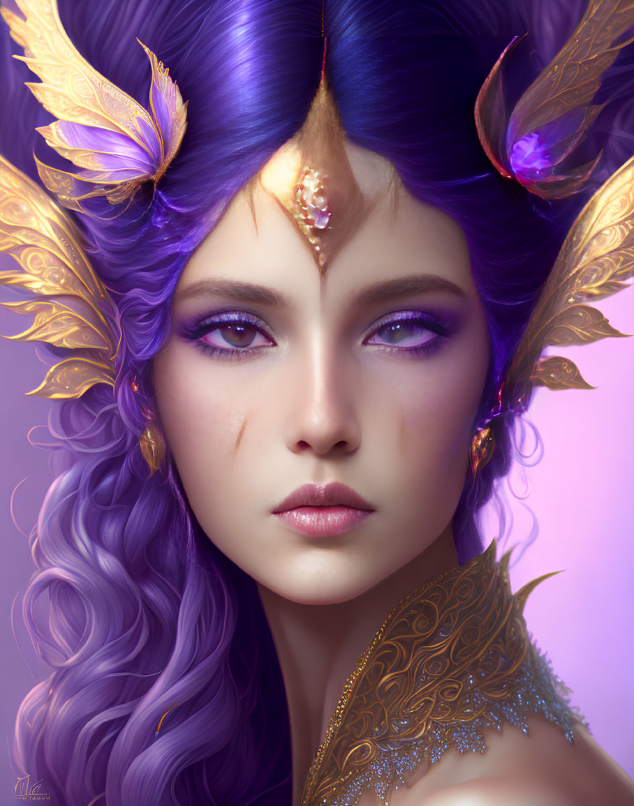 Fantasy portrait of female figure with purple hair and butterfly wings