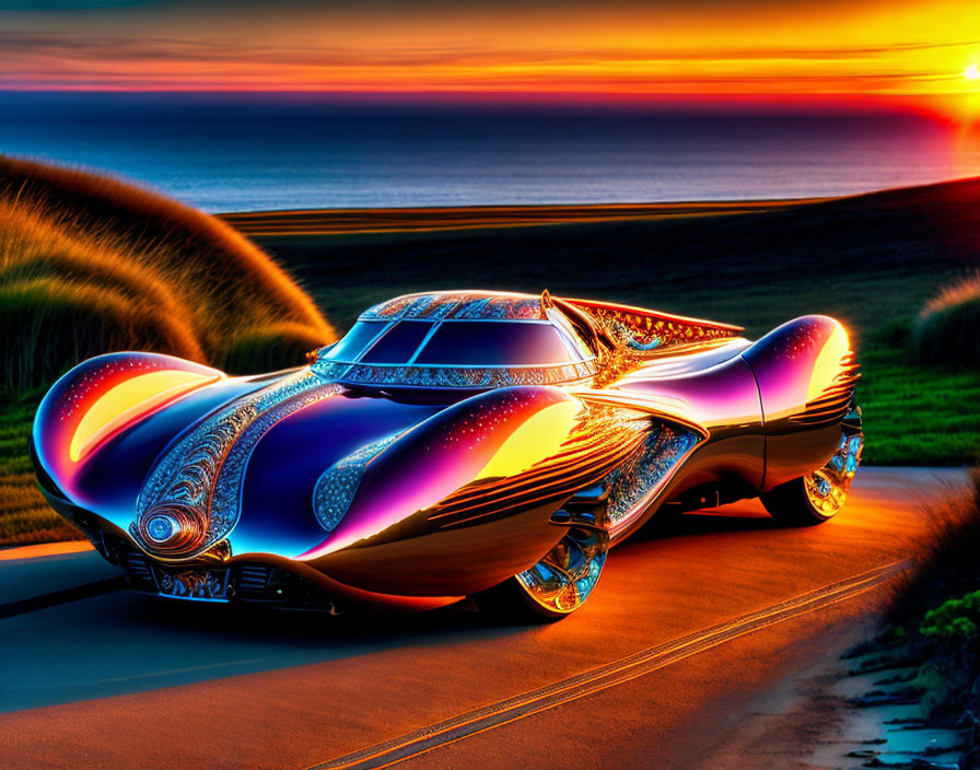 Futuristic iridescent car on coastal road at sunset