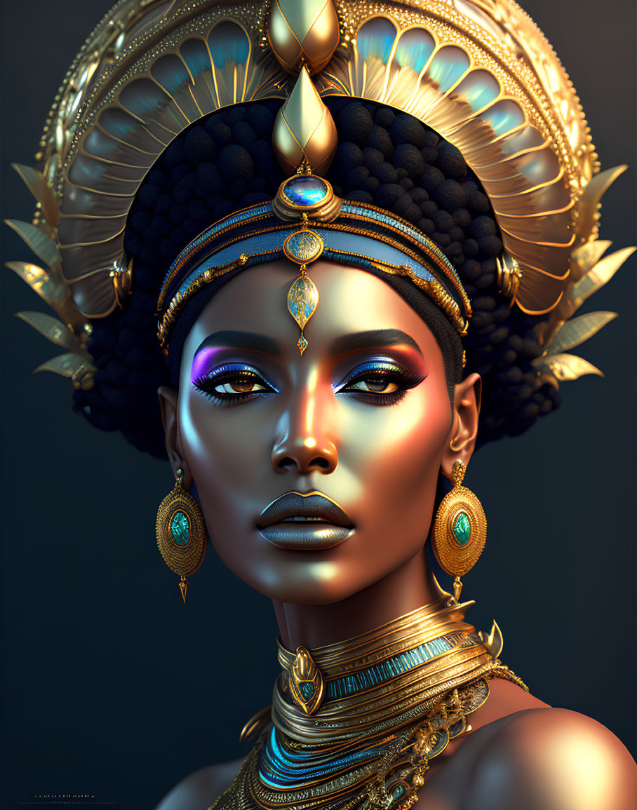 Intricate gold jewelry adorns regal woman in digital portrait