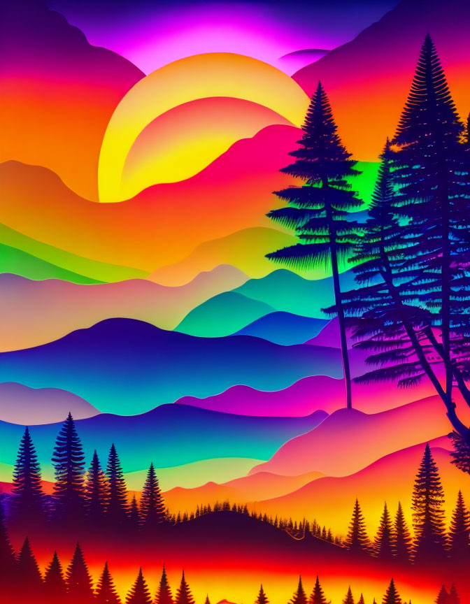 Surreal landscape digital artwork with gradient hills and crescent sun