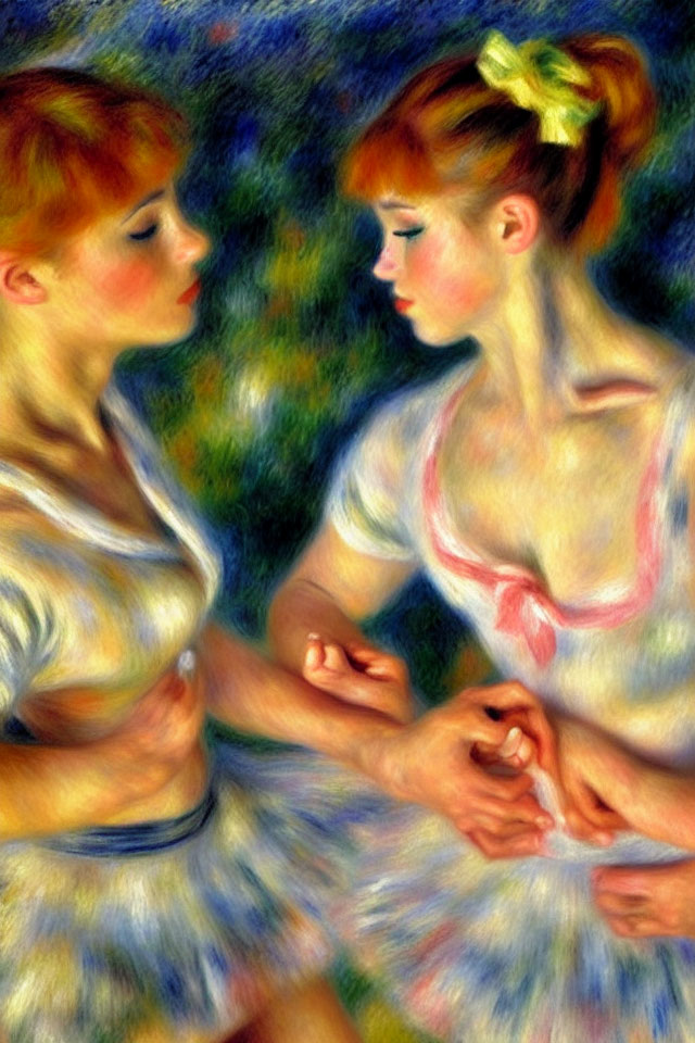 Pastel-colored Impressionist painting of two dancers in dynamic interaction