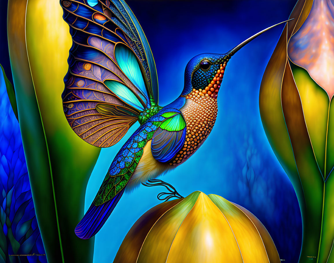 Colorful Stylized Hummingbird Art with Metallic Hues and Golden Flower