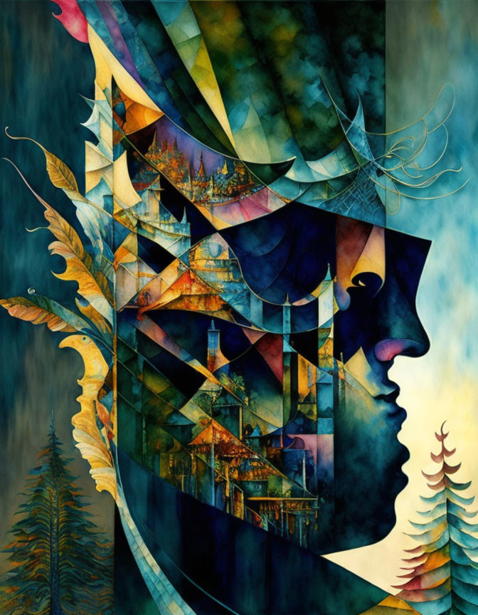 Colorful Abstract Portrait with Geometric Shapes and Nature Elements