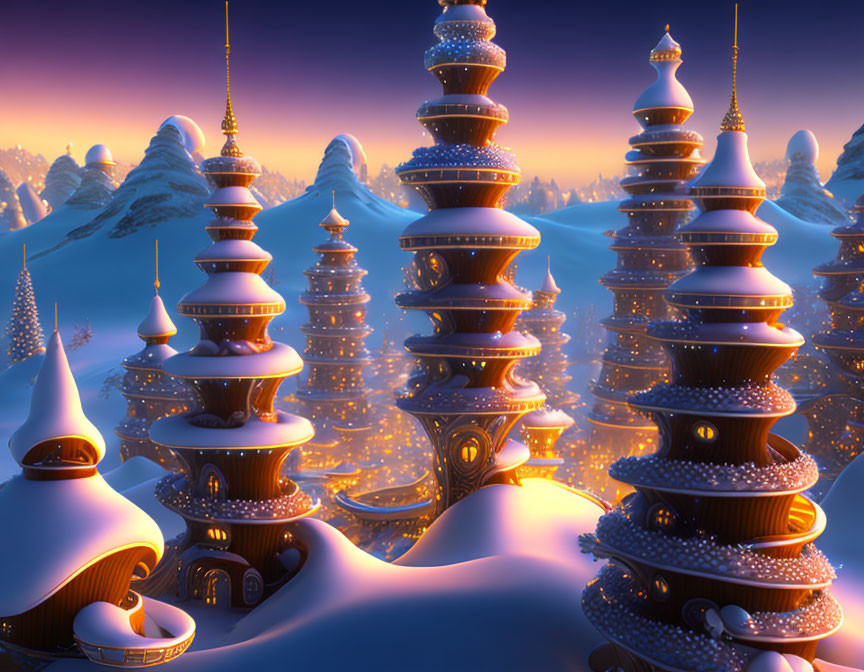 Snow-covered towers with golden lights in serene winter twilight