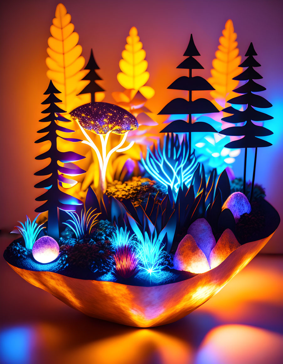 Colorful Forest Scene Paper Art Diorama in Wooden Bowl