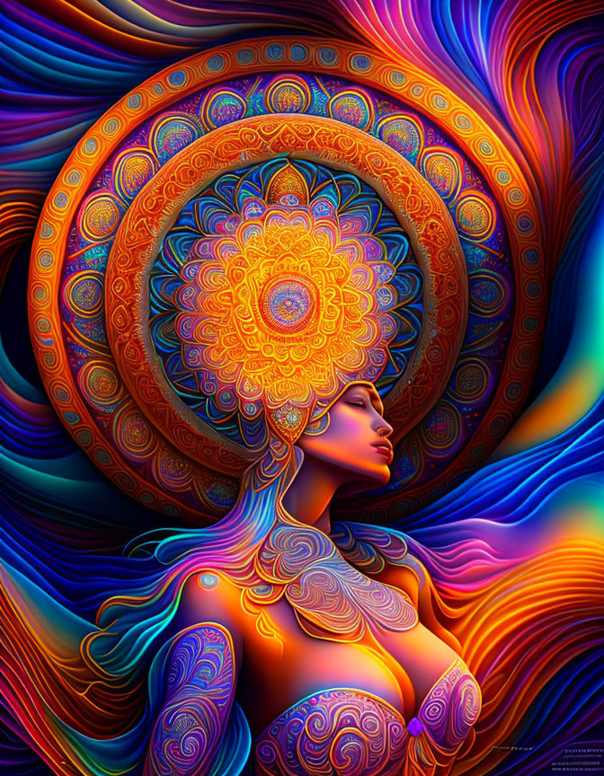 Colorful psychedelic artwork of woman with mandala halo & flowing patterns