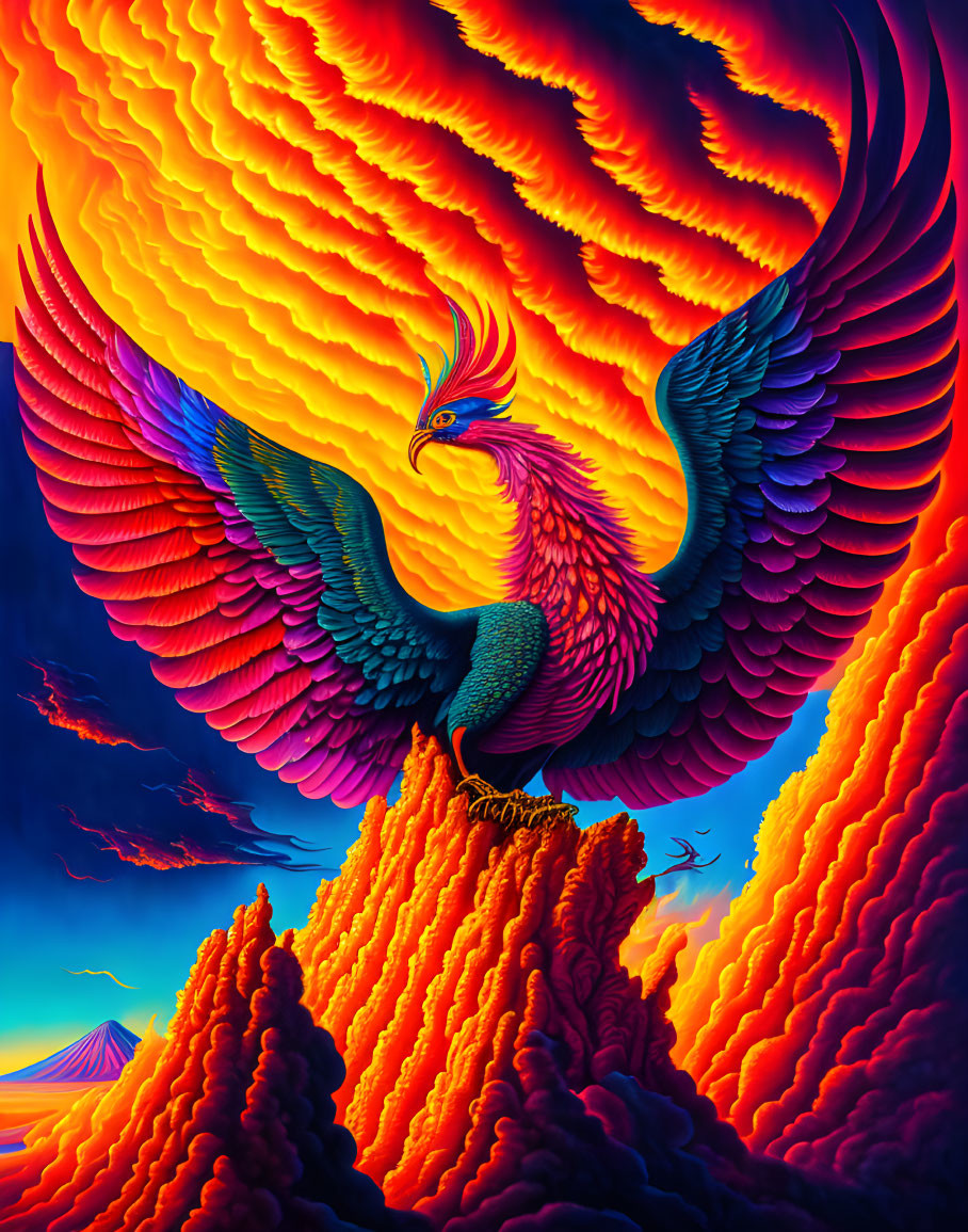 Colorful Phoenix Soars Over Mountain in Vibrant Scene