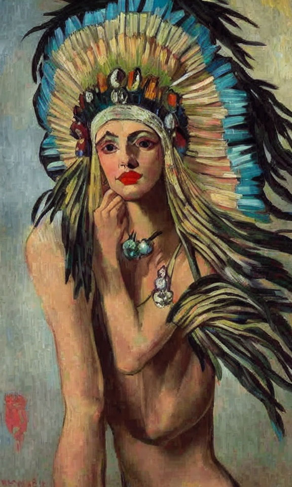 Portrait of Woman in Feathered Headdress and Jewelry with Blurred Background