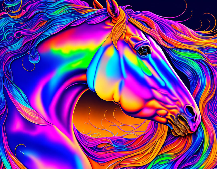 Neon-colored horse in psychedelic digital art