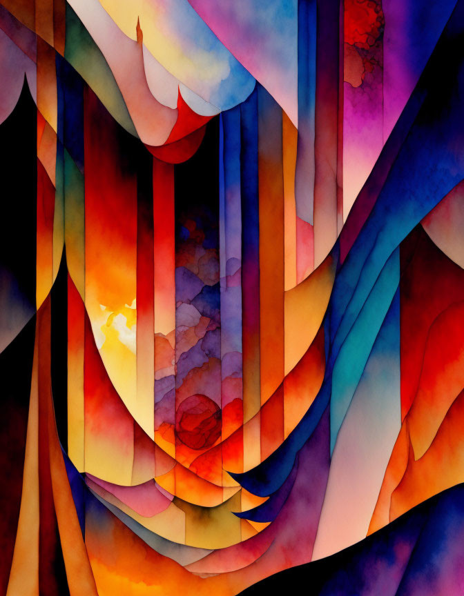 Colorful Watercolor Abstract with Interlacing Curves and Stripes