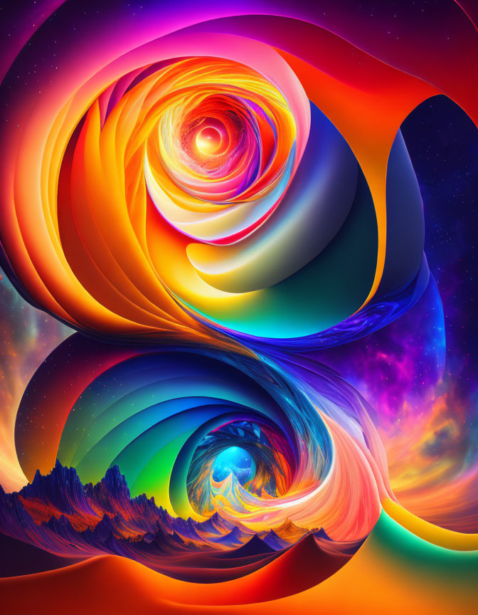 Colorful digital artwork: swirling colors in cosmic landscape