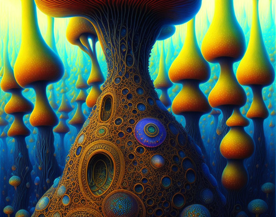 Surreal landscape with mushroom-like structures in vibrant digital artwork