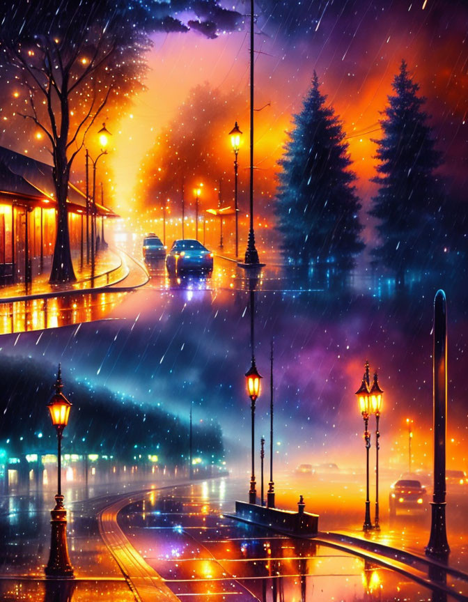 Rainy night street scene with illuminated lamps, car headlights, and starry sky.