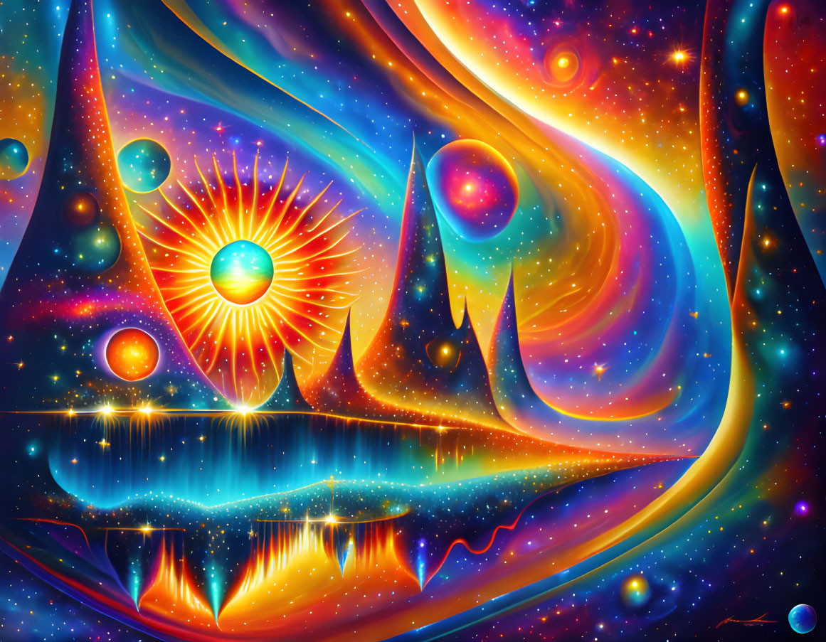 Colorful Fantastical Cosmic Scene with Swirling Patterns and Celestial Bodies