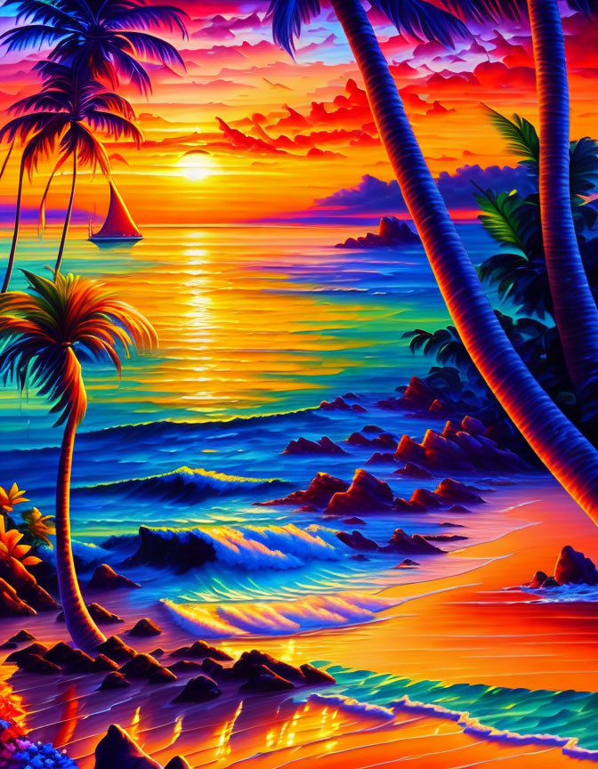 Tropical beach sunset with palm tree silhouettes, sailboat, and crashing waves