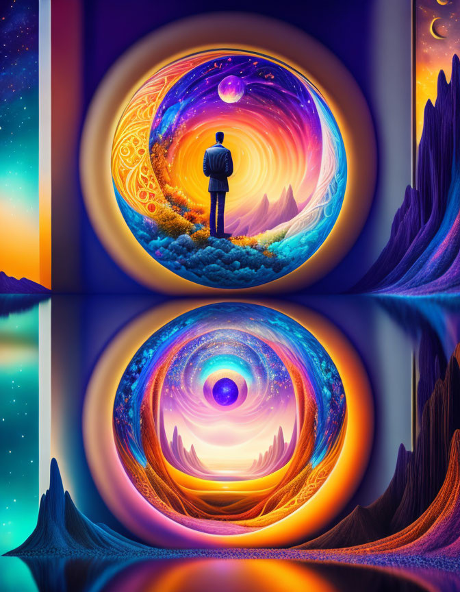 Surreal portal with vibrant patterns and celestial bodies contrast rocky landscape