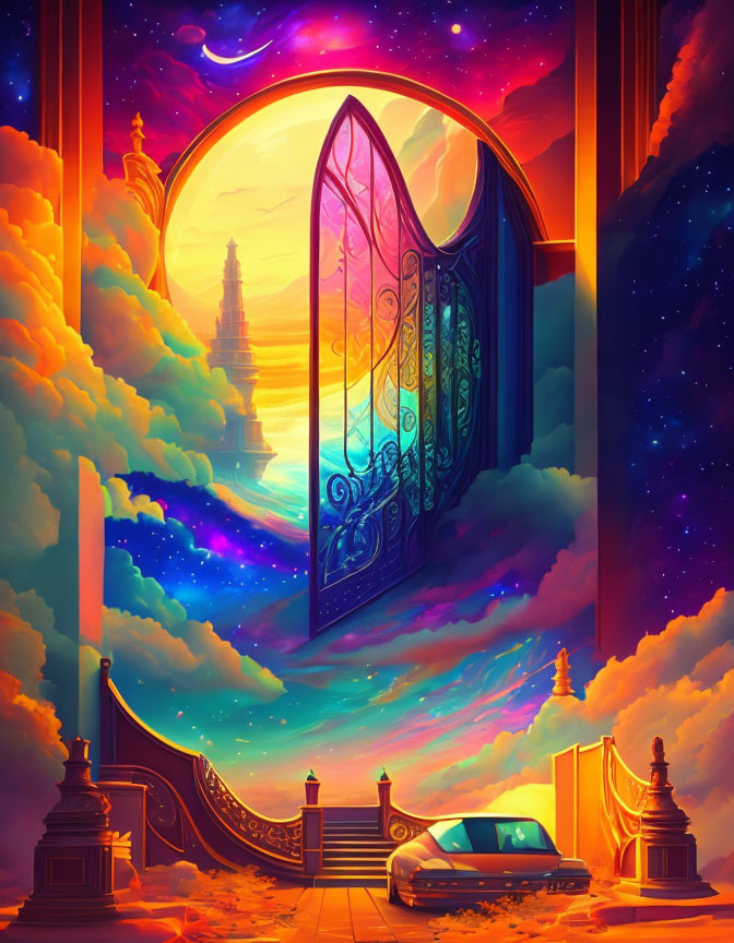 Fantasy landscape with open gate, spire, starry sky, and setting sun