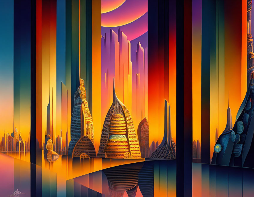 Colorful digital art: Stylized skyscrapers and day-to-night skyline reflection.