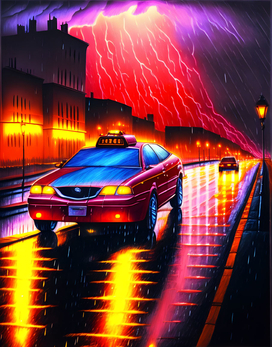 Vibrant red taxi on wet city street at night under purple lightning-filled sky