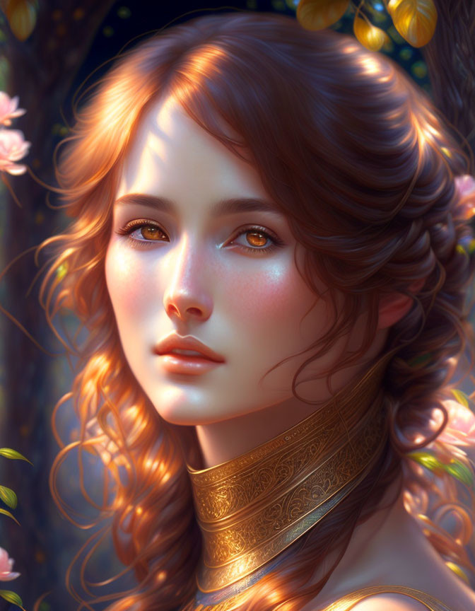 Digital painting of woman with curly hair, golden eyes, ornate choker, surrounded by flowers &