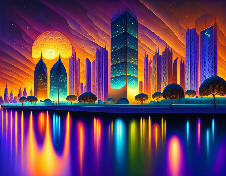 Futuristic cityscape digital artwork with neon-lit skyscrapers